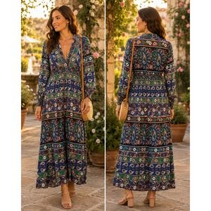 Boden Maxi Dress Womens 8L Blue Paisley Floral  Waist V-Neck Long Sleeve Boho
